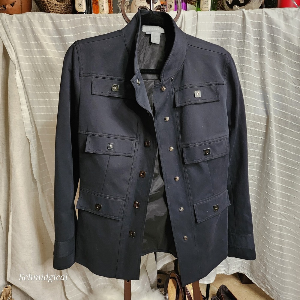 Eccoci Women Navy Blue Utility Military Jacket Stand Collar Snap Front Size 8